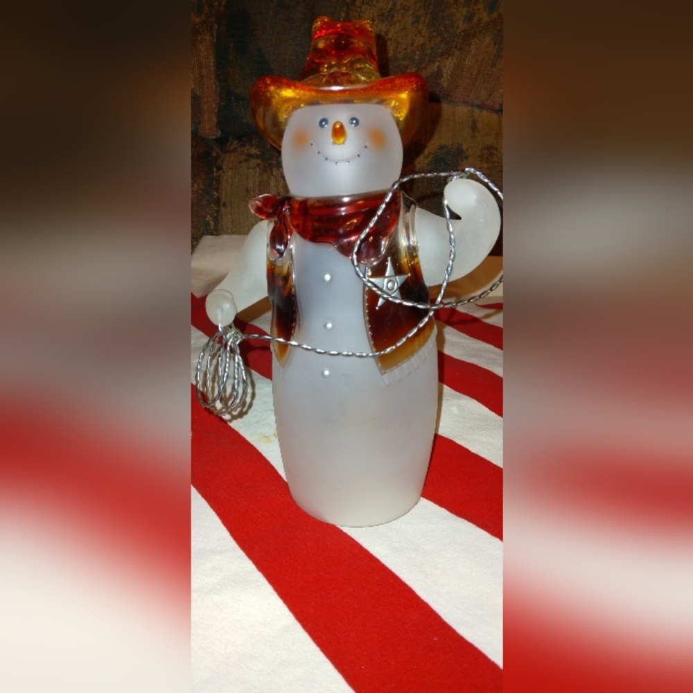 Set of 2, Frosted Glass Western Snowmen
